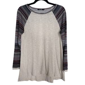 New Doe & Rae Medium Heather Gray Striped Raglan Long Sleeve Tee Tshirt Top Crew
